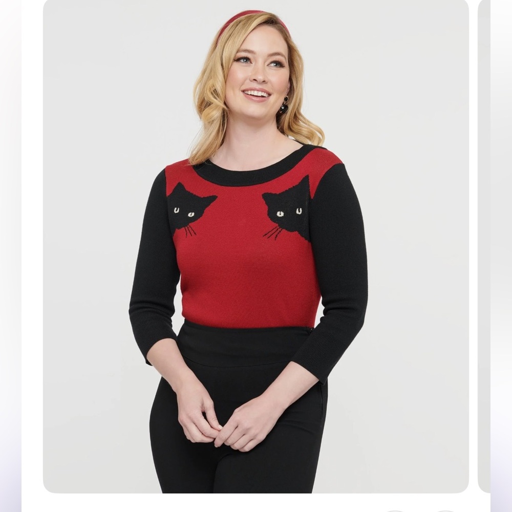 Black and Red Cat Sweater by Unique Vintage